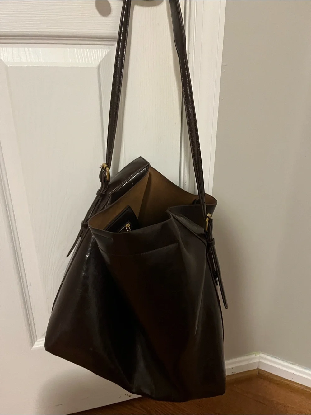 Zara Dark Brown Leather Hobo Shoulder Bag with Gold Hardware